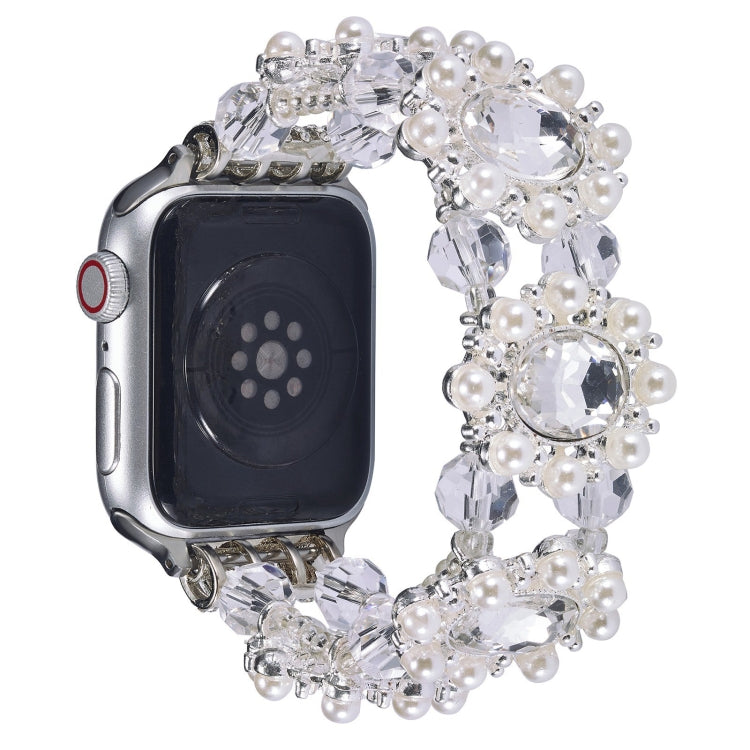 Silver-tone Apple Watch bracelet band with white pearls and clear faceted crystals