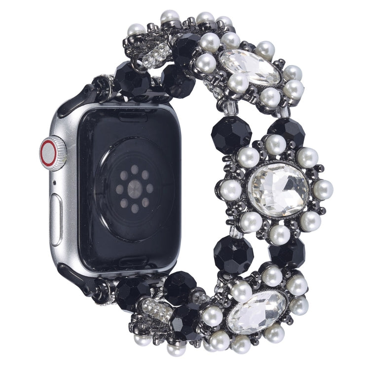 Black beaded Apple Watch band with pearl accents and clear crystals