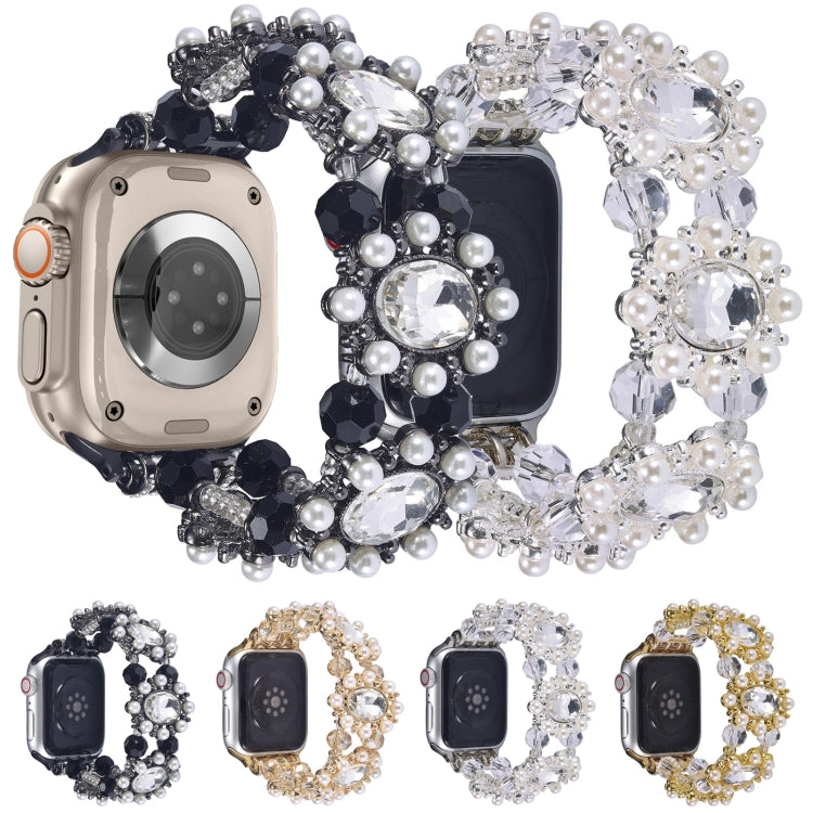 Apple Watch beaded bracelet bands in black, silver, gold, and light gold with pearls and crystals
