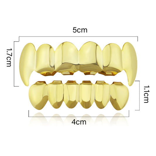 Gold hip hop grillz denture set with length and width dimensions shown