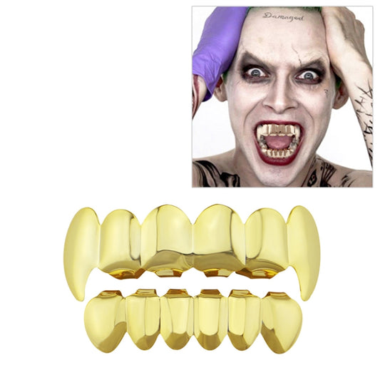 Gold hip hop grillz denture set with upper and lower rows, glossy finish