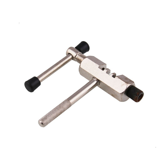 Bicycle chain breaker tool with steel handle, black grips, and pin removal head