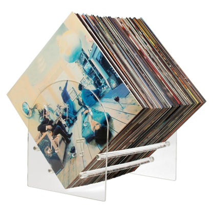 Acrylic vinyl record display stand holding stacked records in a slanted frame