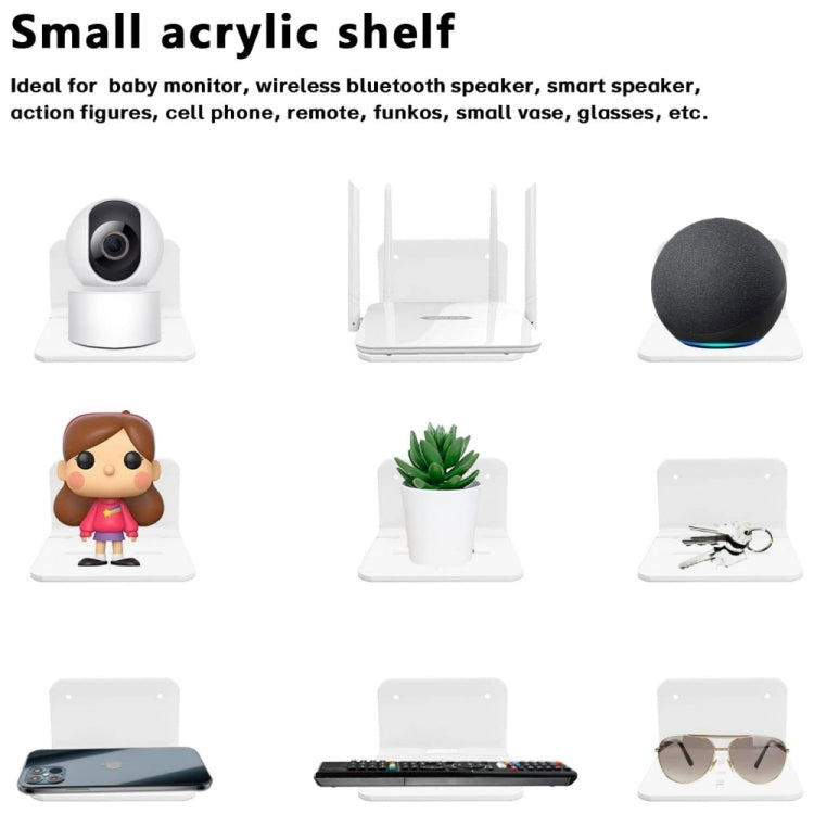 Clear acrylic wall-mount shelf with camera base, small devices, and mounts