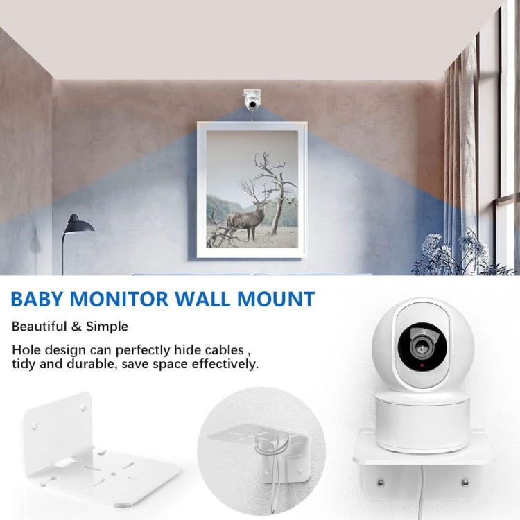 Wall-mounted white camera holder with acrylic shelf for cable management