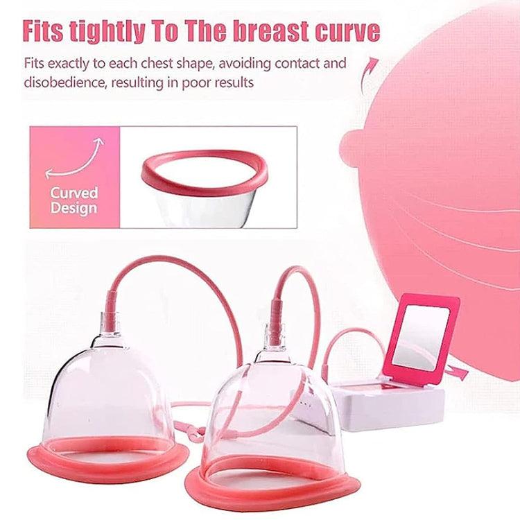 Electric breast massager with suction cups and base controller, showing curved fit design