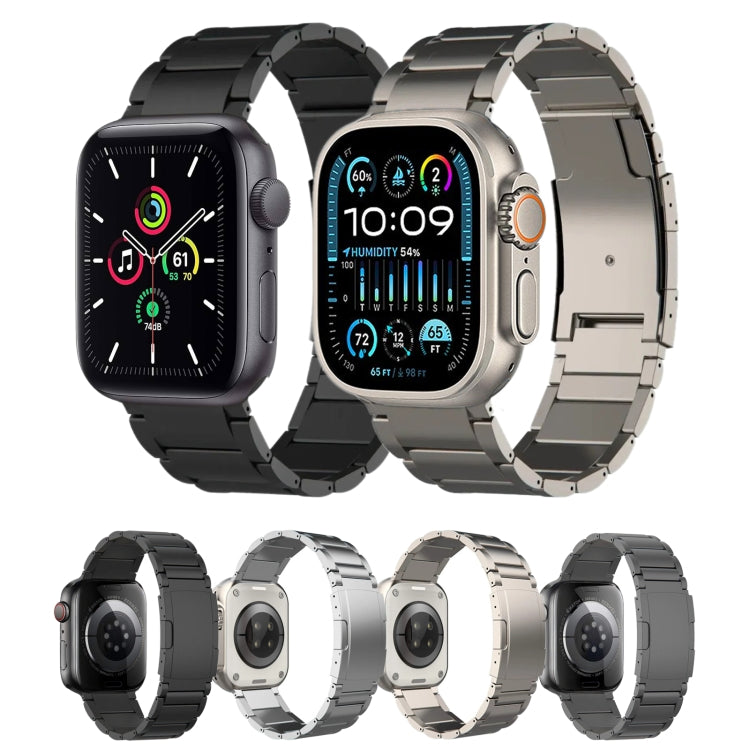 Metal link watch bands in black, silver, and gray shown on several smartwatches.