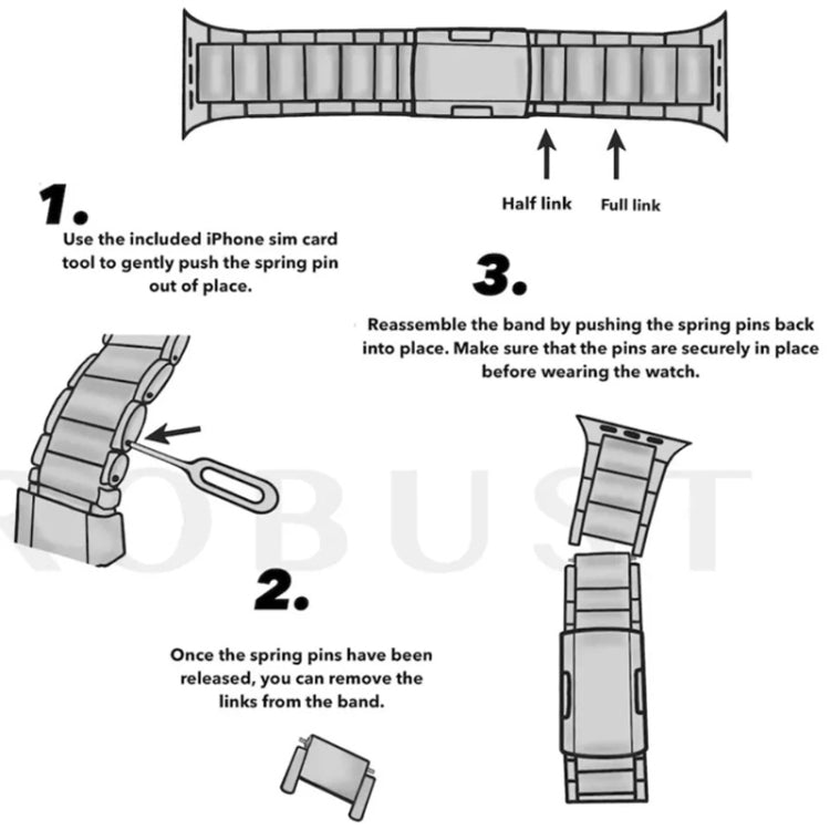 Watch band sizing diagram showing half and full links and instructions to remove and reassemble links.