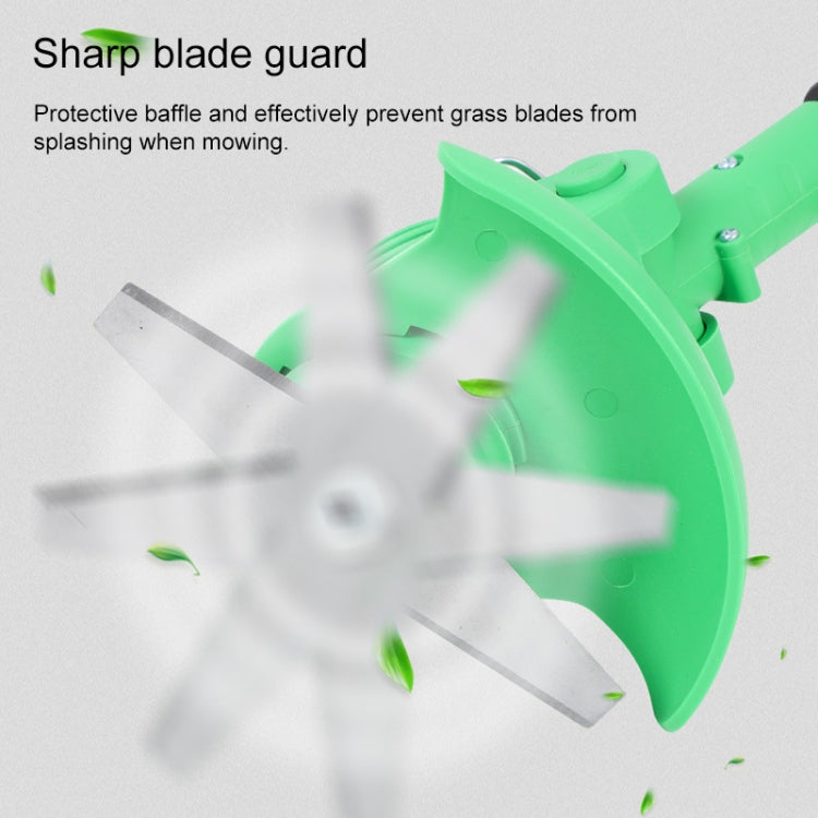 Green electric lawn mower weeder with sharp blade guard around the cutting head
