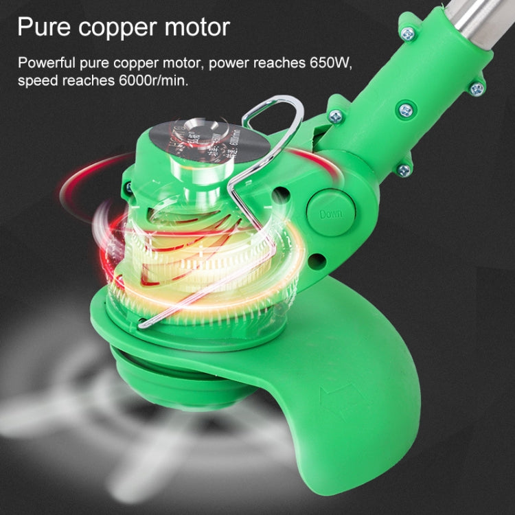 Green portable electric lawn mower weeder with motor housing and spinning cutting disc