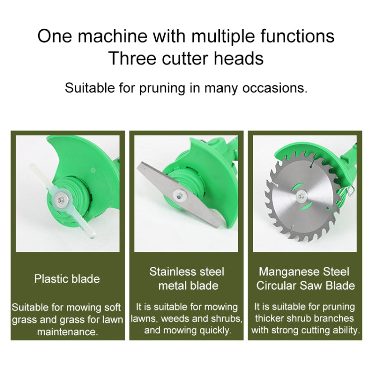 Green portable electric lawn mower weeder with three cutter head attachments