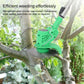 Green portable electric lawn mower weeder cutting weeds on tree branches