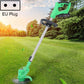 Green handheld electric lawn mower weeder with EU plug, cutting grass near hedge