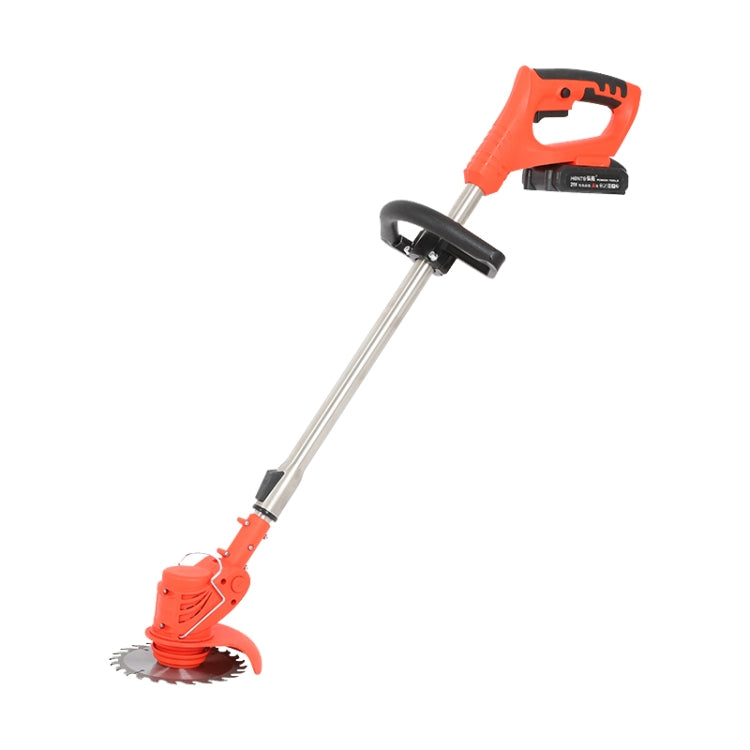 Red portable rechargeable electric lawn mower weeder with handheld motor unit and cutting head
