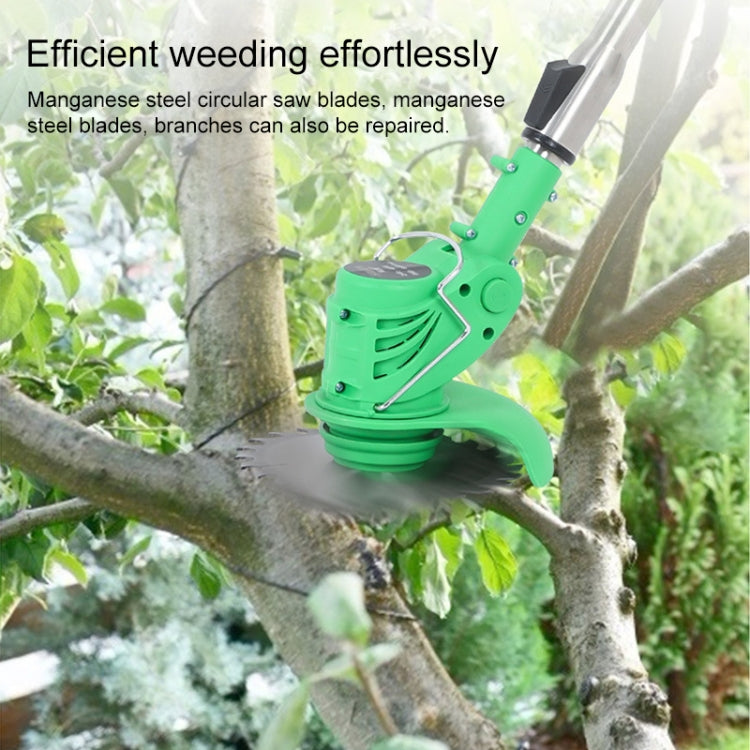 Green portable rechargeable electric lawn mower weeder trimming branches on a tree