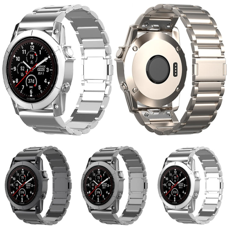 Metal quick-release watch bands in silver, gray, and black, shown front and back.