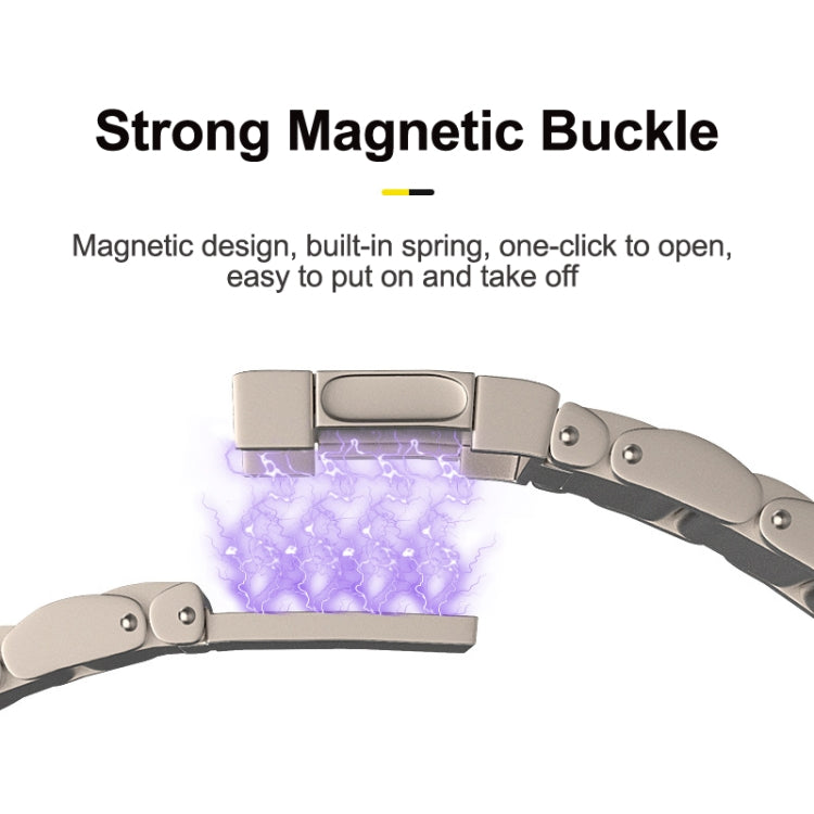 Metal watch band magnetic buckle shown open, with magnetic connection illustrated.