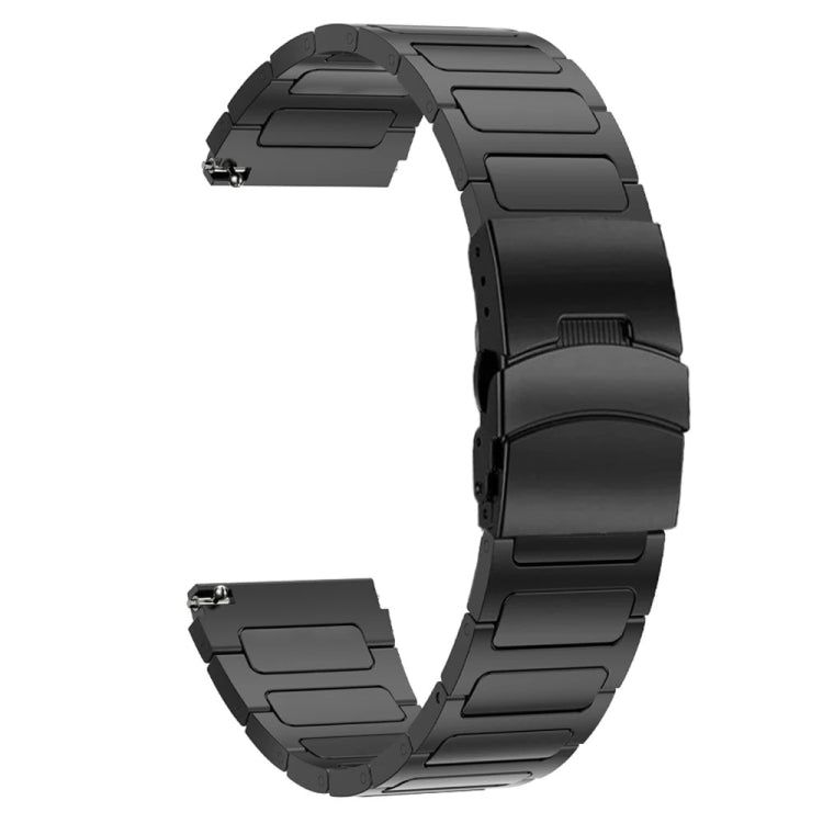 Black titanium alloy watch band with a wide dual safety buckle, shown open.