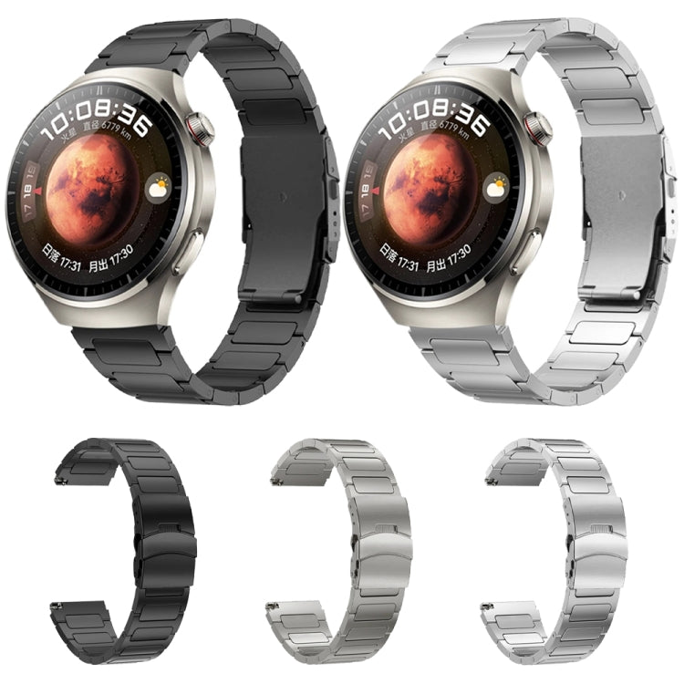Titanium alloy watch band set in black and silver, with dual safety buckles.