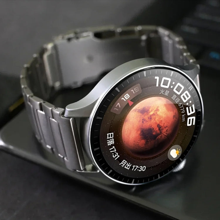 Silver titanium alloy watch band fitted to a smartwatch, shown from the side.