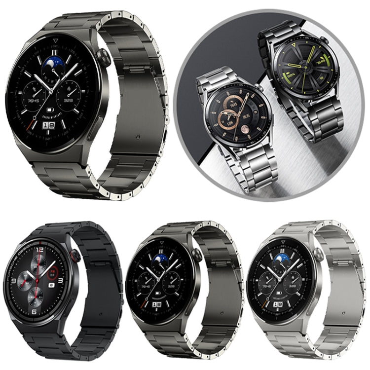 Metal link watch bands shown in black, dark gray, and silver finishes