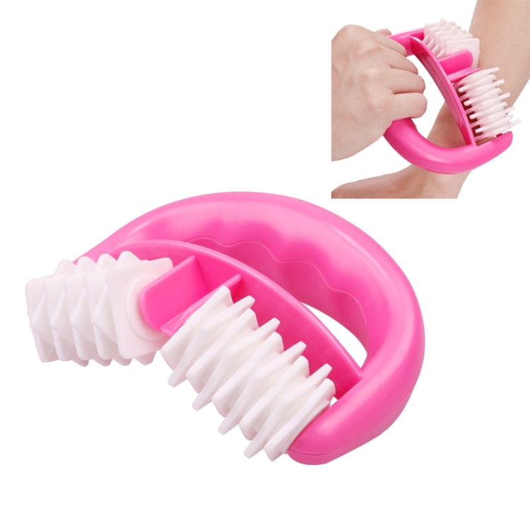 Pink body mini roller massager with white bristle rollers in a curved handle