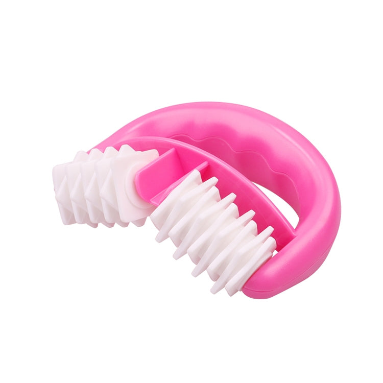Pink curved body roller massager with white bristle pads
