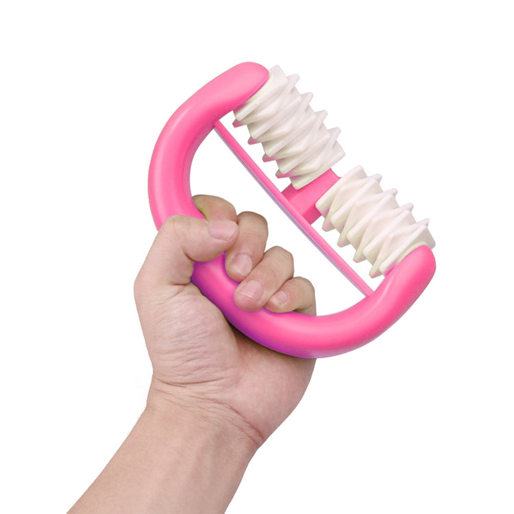 Pink handheld body mini roller massager with white bristle rollers