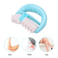Blue body mini roller massager with white bristle rollers and curved handle