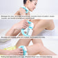 Blue body mini roller massager with white bristle rollers in curved design