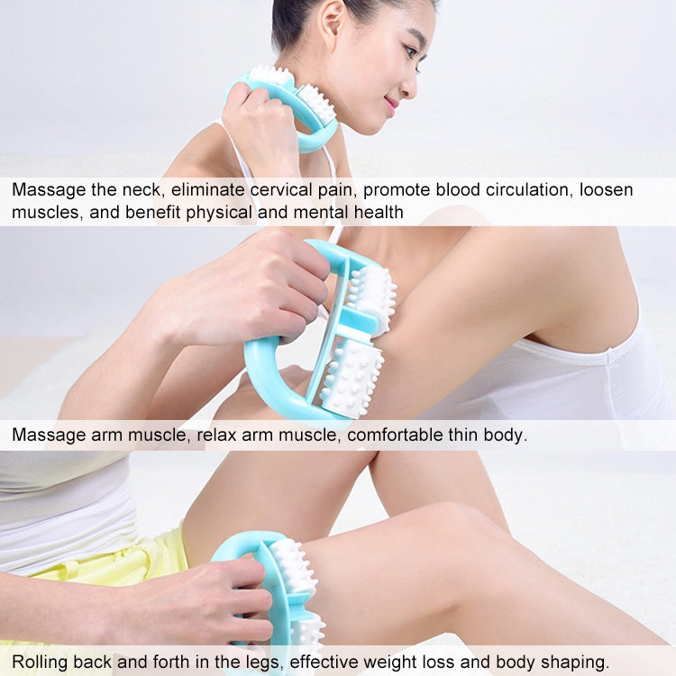Blue body mini roller massager with white bristle rollers in curved design