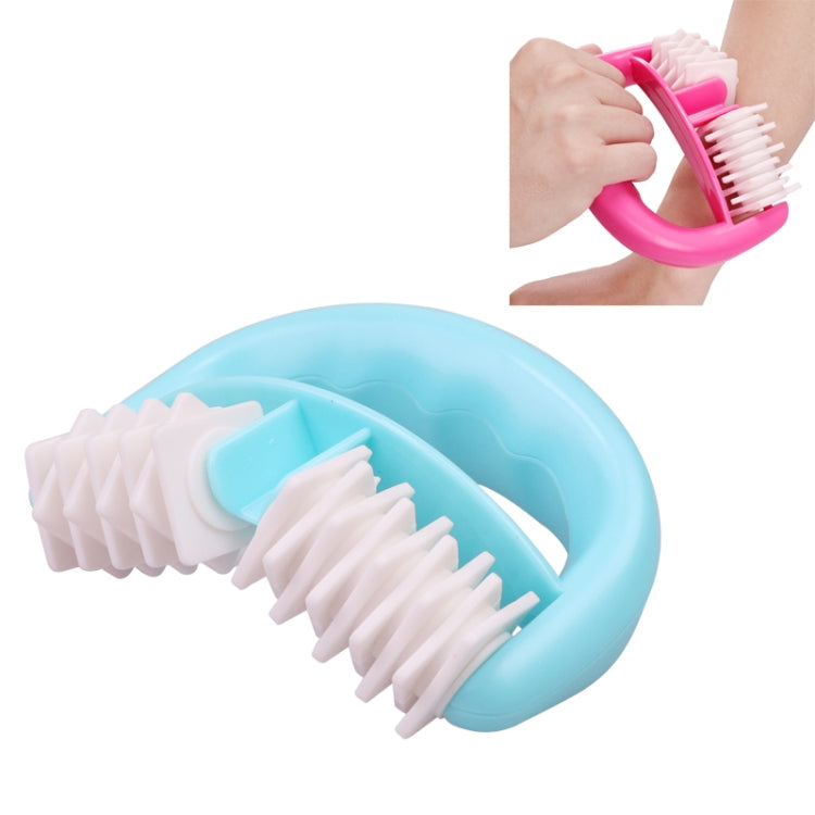 Blue body mini roller massager with white bristle rollers, curved U shape