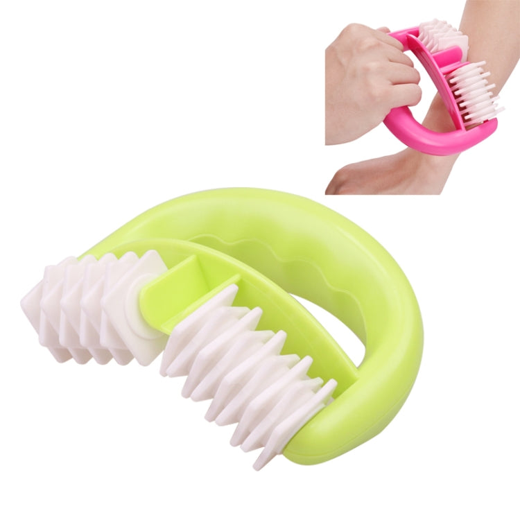Green body mini roller massager with white bristle rollers and curved handle