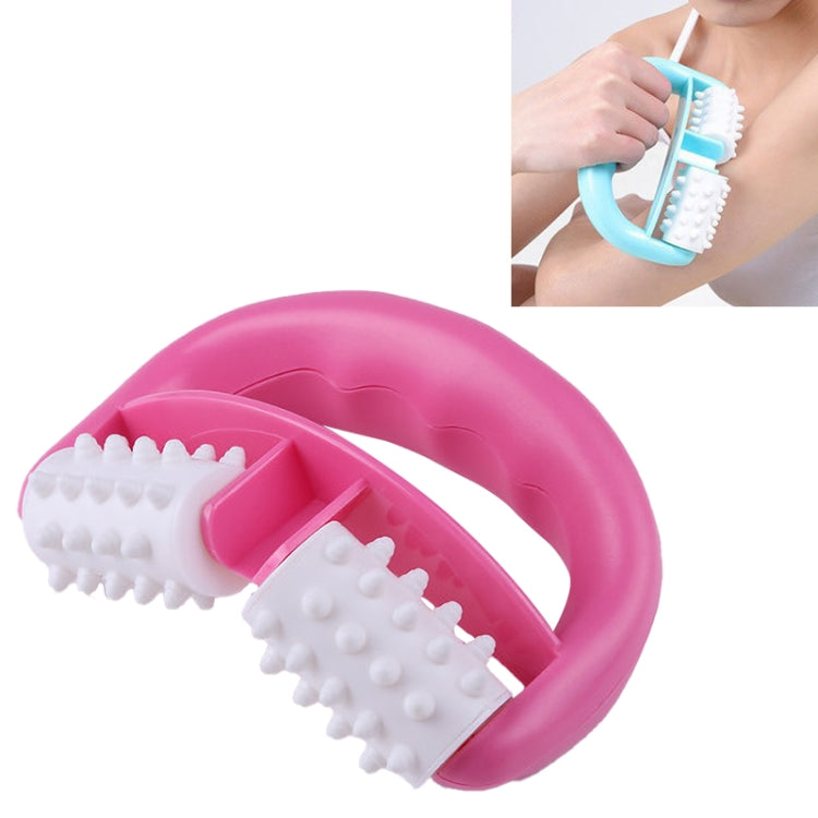 Pink body mini roller massager with two white spiked roller sections