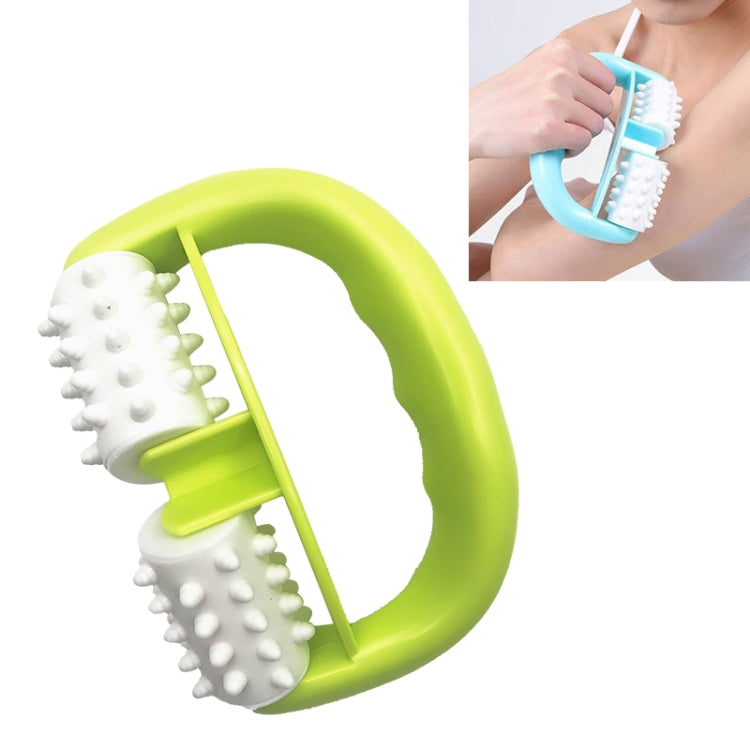 Mini roller body massager with green U-shaped handle and white nodules