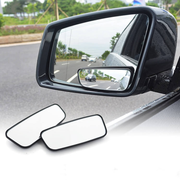 Car auxiliary side mirror with wide-angle lens, black frame, mounted on vehicle door