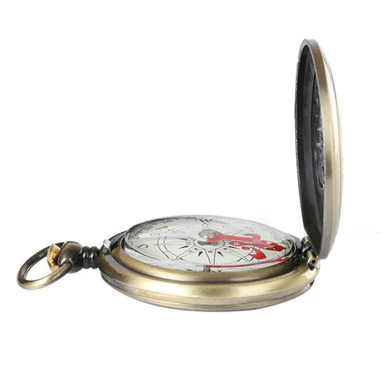 Gold-tone flip pocket watch compass with dial visible and open black lid