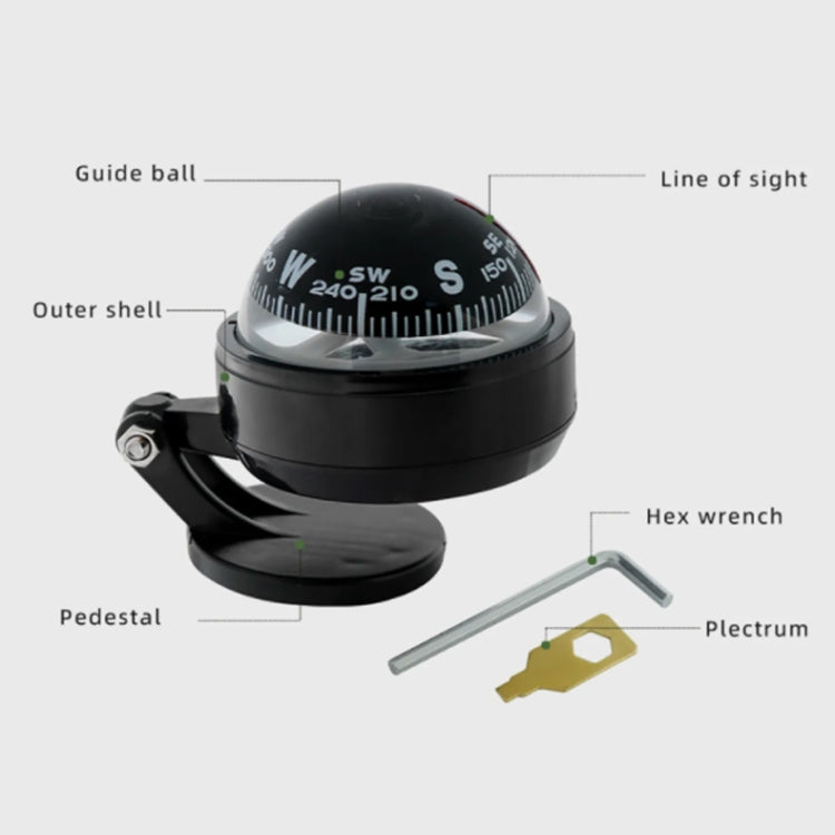 Black car compass ball with base, pedestal mount, hex wrench and mounting key