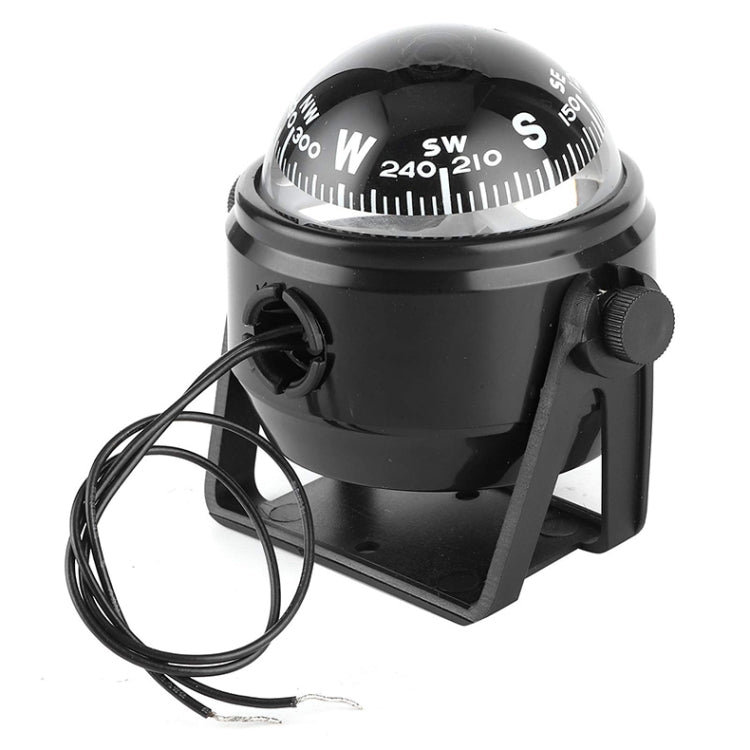 Black illuminated boat compass with cable and side knob, angled view