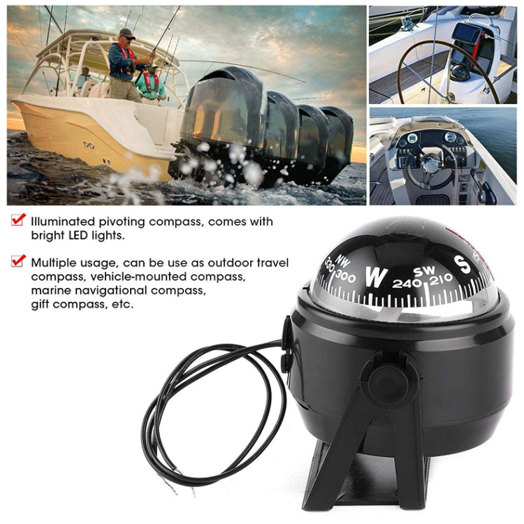 Black illuminated pivoting boat compass with LED, cables and tripod mount