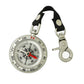 Round retro compass with black dual-strap keyring and red compass needle
