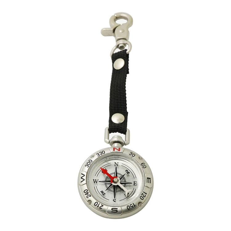 Small round compass keychain with black strap and metal clip, silver dial