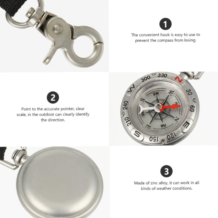 Keychain hook clasp with close-up view of the round compass face and red needle