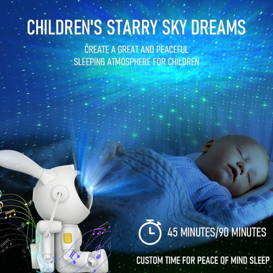 White space rabbit projection lamp projecting a starry sky onto a bed for bedtime sleep