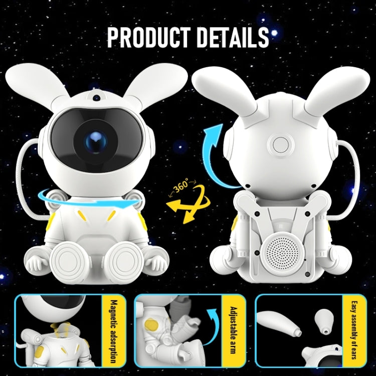 Two white space rabbit projection lamps with speaker grills and detailed robot face designs