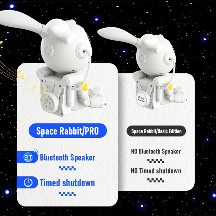 Two white space rabbit projector robots shown side by side with speaker fronts