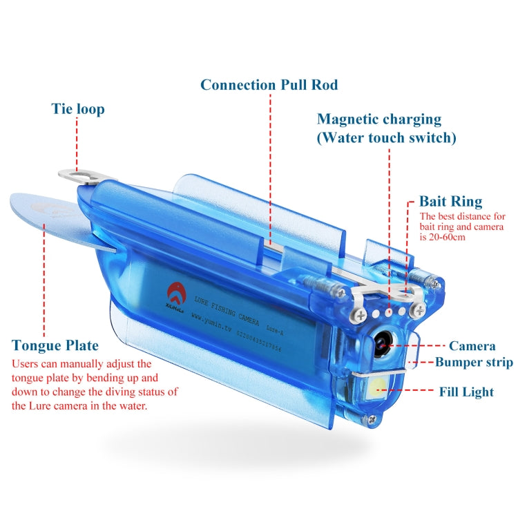 Blue underwater fishing video camera with transparent housing and side mounting hardware