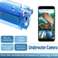 Blue underwater camera with smartphone preview screen showing fish footage