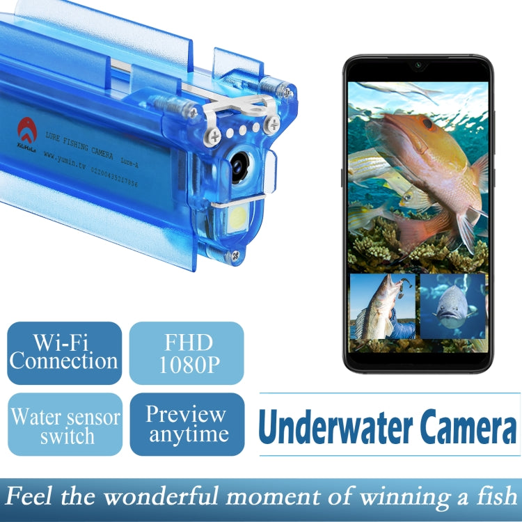 Blue underwater camera with smartphone preview screen showing fish footage
