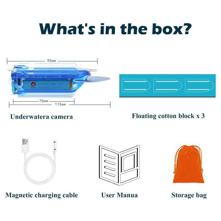 Underwater camera kit: blue camera, charging cable, user manual, storage bag, floating blocks